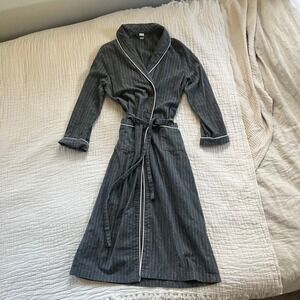 Garnet Hill Organic Cotton Flannel Robe Womens Med Gray Striped Cottage Cozy